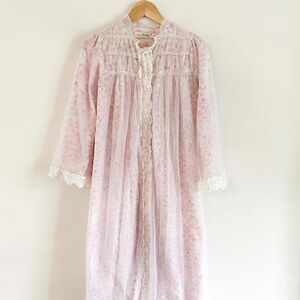 Vintage Pink Floral Duster/Nightgown with Sheer Overlay and Ruffled Edge